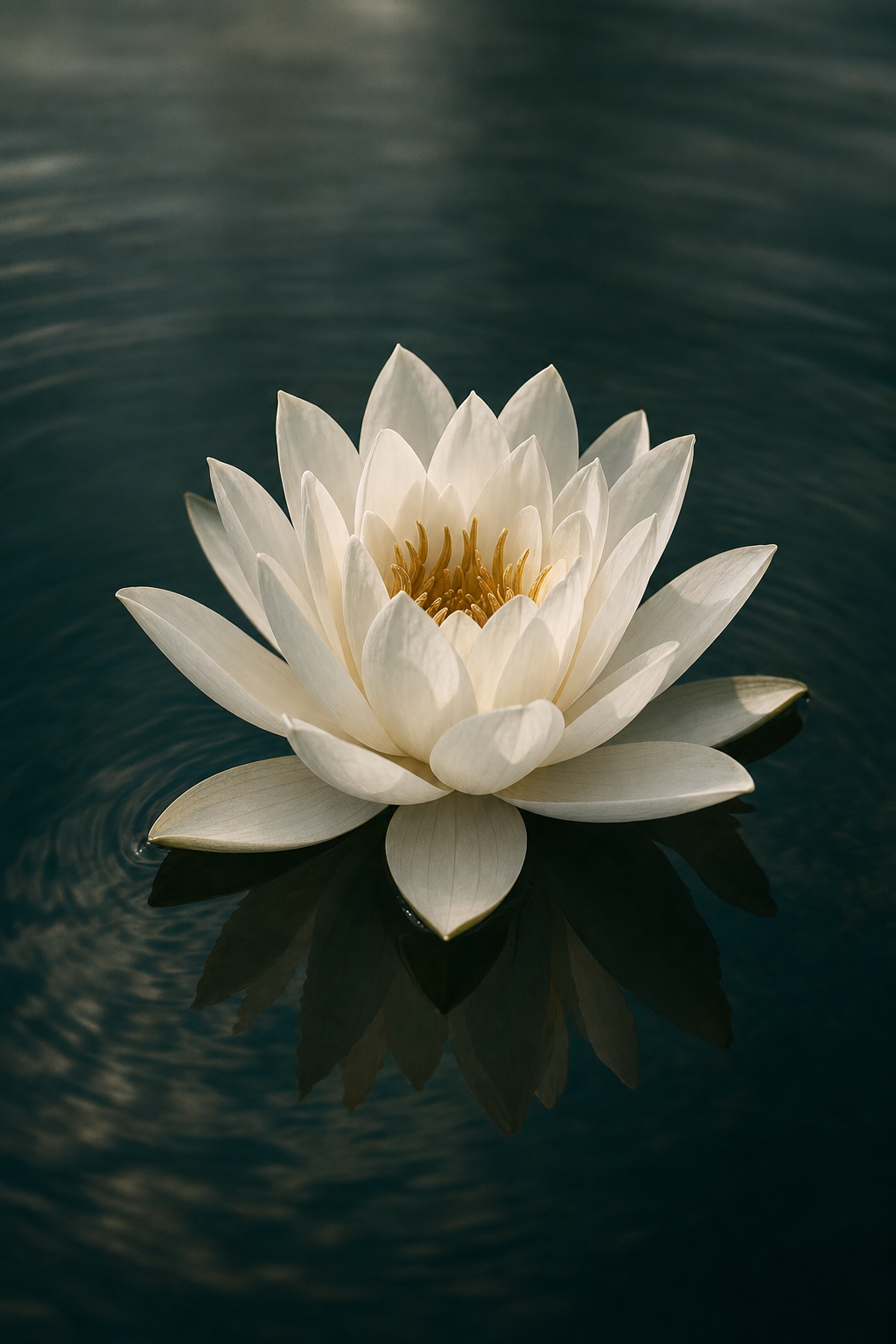 White lotus flower floating on calm water